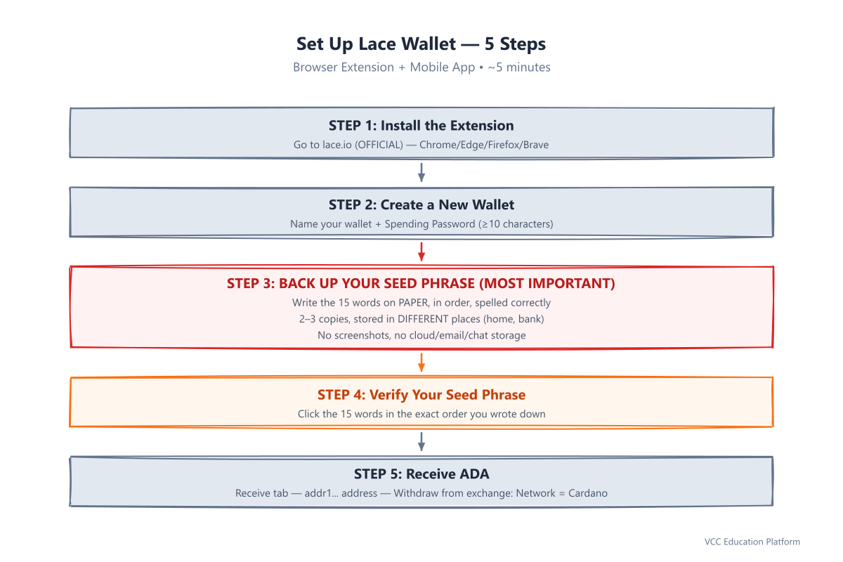 Set up Lace wallet in 5 steps: install the extension, create a new wallet, back up your seed phrase, verify it, and receive ADA