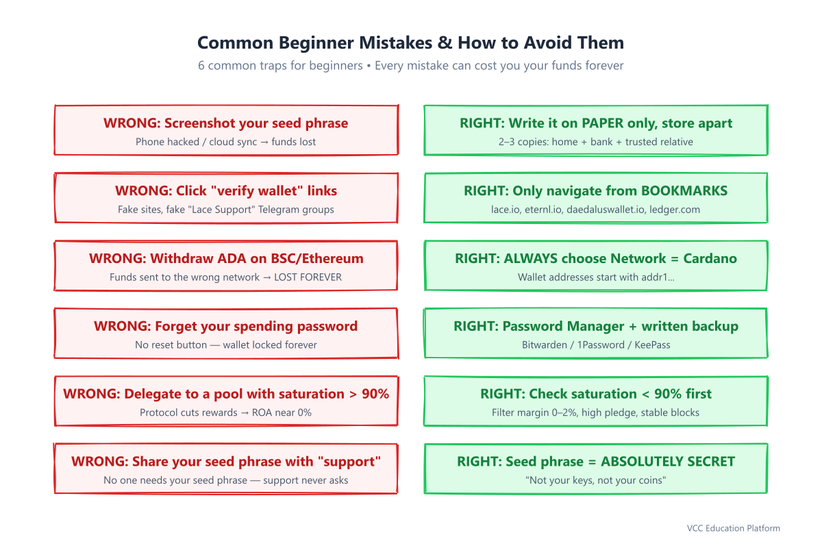 Common Cardano wallet mistakes vs correct actions: no screenshots of the seed phrase, only bookmarks, always Cardano network, password manager, check saturation, never share the seed phrase