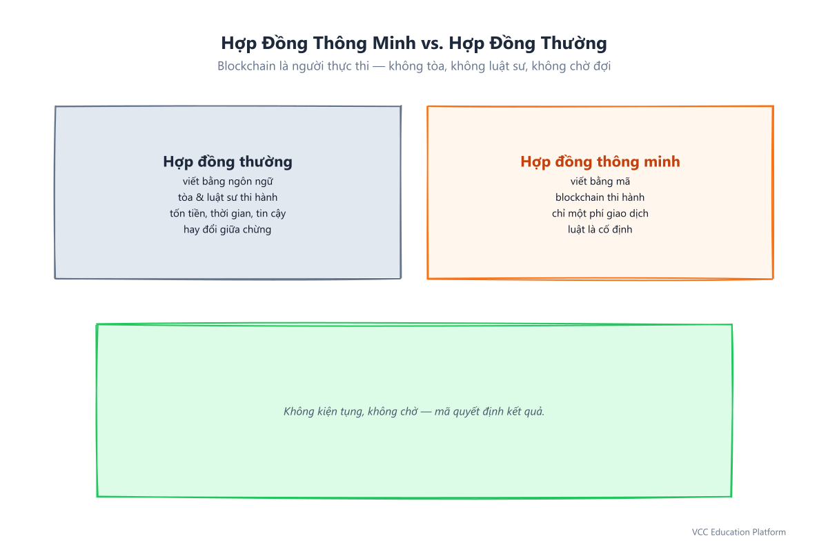 So sánh: hợp đồng giấy truyền thống do tòa án và luật sư thi hành vs hợp đồng thông minh do blockchain tự động thi hành