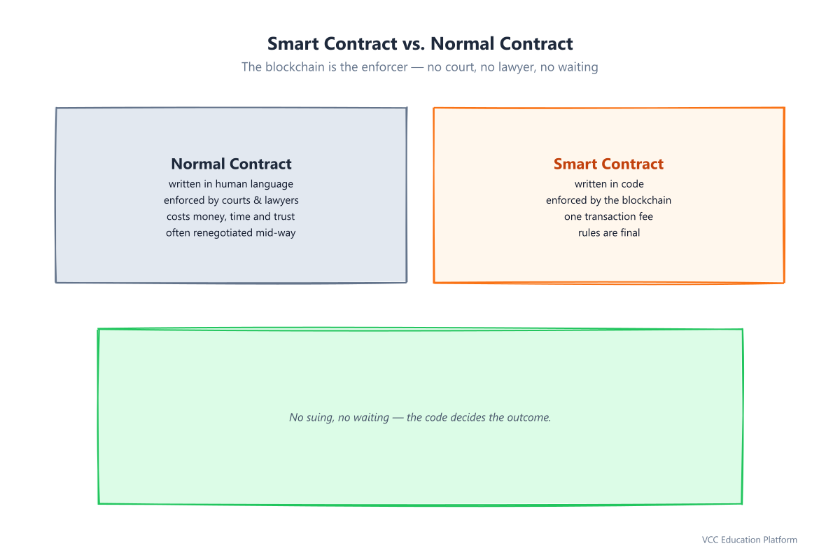 Comparison: a normal paper contract enforced by courts and lawyers vs a smart contract enforced automatically by the blockchain