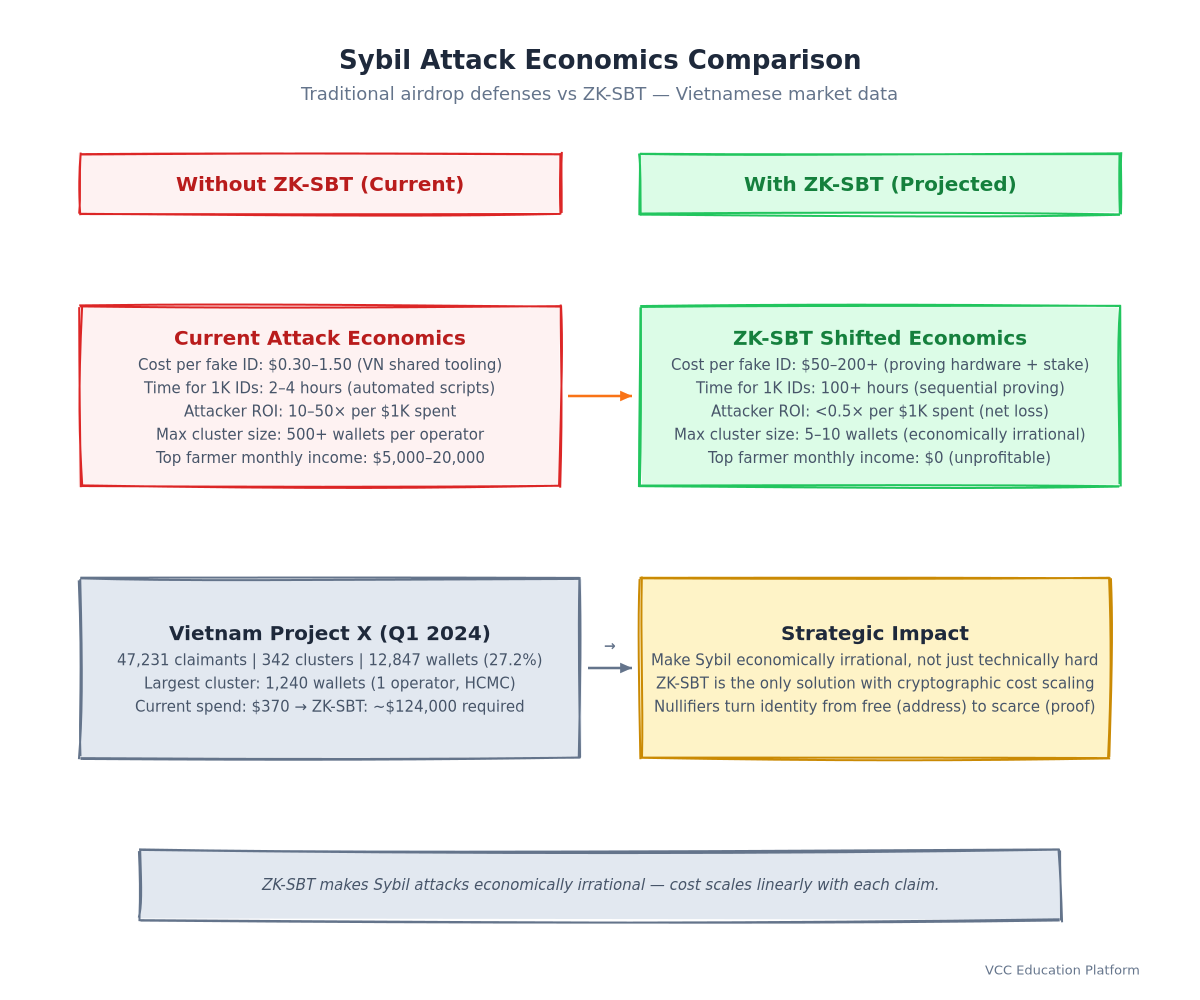 Figure 3: Sybil attack cost comparison — traditional vs ZK-SBT