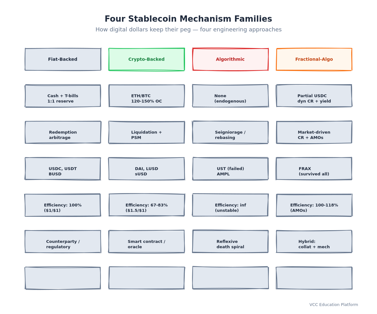 Comparison - Four stablecoin mechanism families side by side: Fiat-backed shows bank vault with 1:1 reserves; Crypto-backed shows overcollateralized vault with liquidation engine; Algorithmic shows supply expansion/contraction cycle; Fractional shows dynamic collateral ratio slider with AMO yield strategies