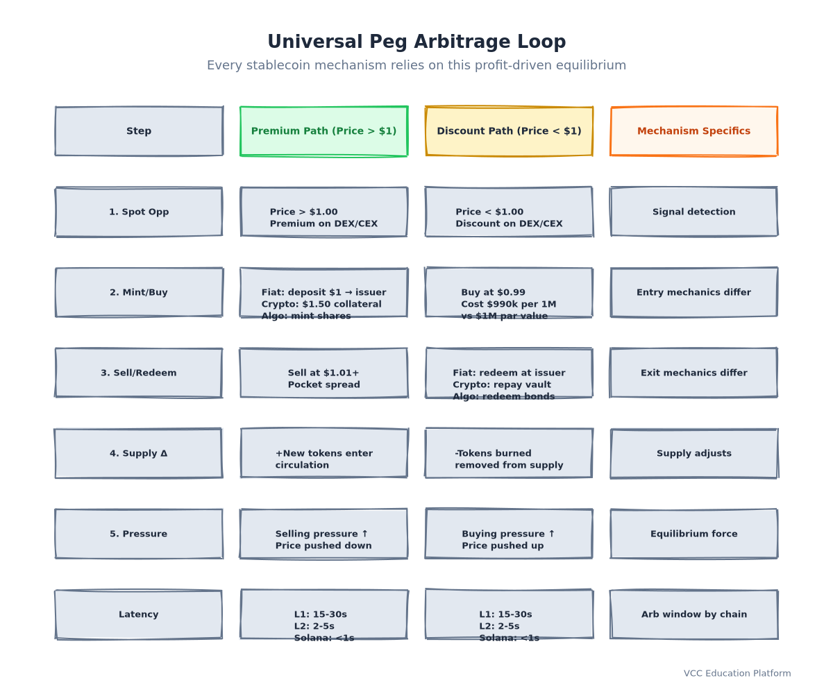 Flowchart - Peg arbitrage loop showing bidirectional flows: Premium path (Mint at $1 → Sell at premium → Supply increases → Price drops) and Discount path (Buy at discount → Redeem/Burn at $1 → Supply decreases → Price rises). Central node: 