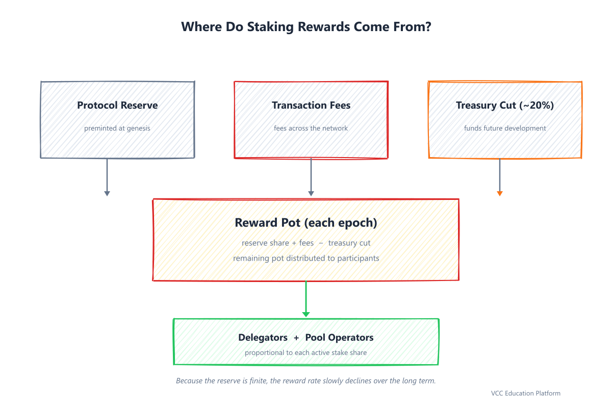 Sources of staking rewards (reserve + fees - treasury)