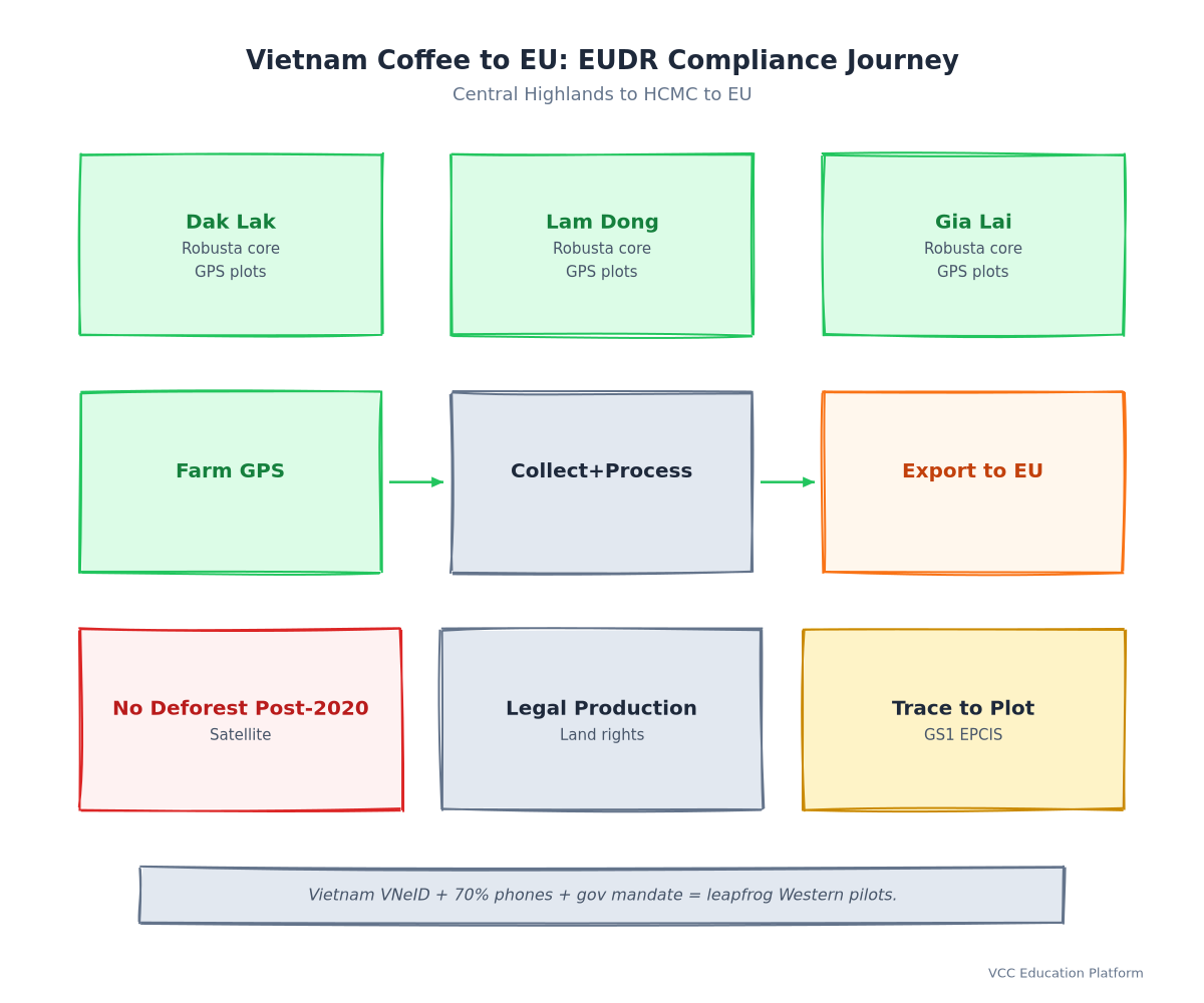 Map - Vietnam coffee regions (Central Highlands) with EU export flow arrows and EUDR requirement callouts