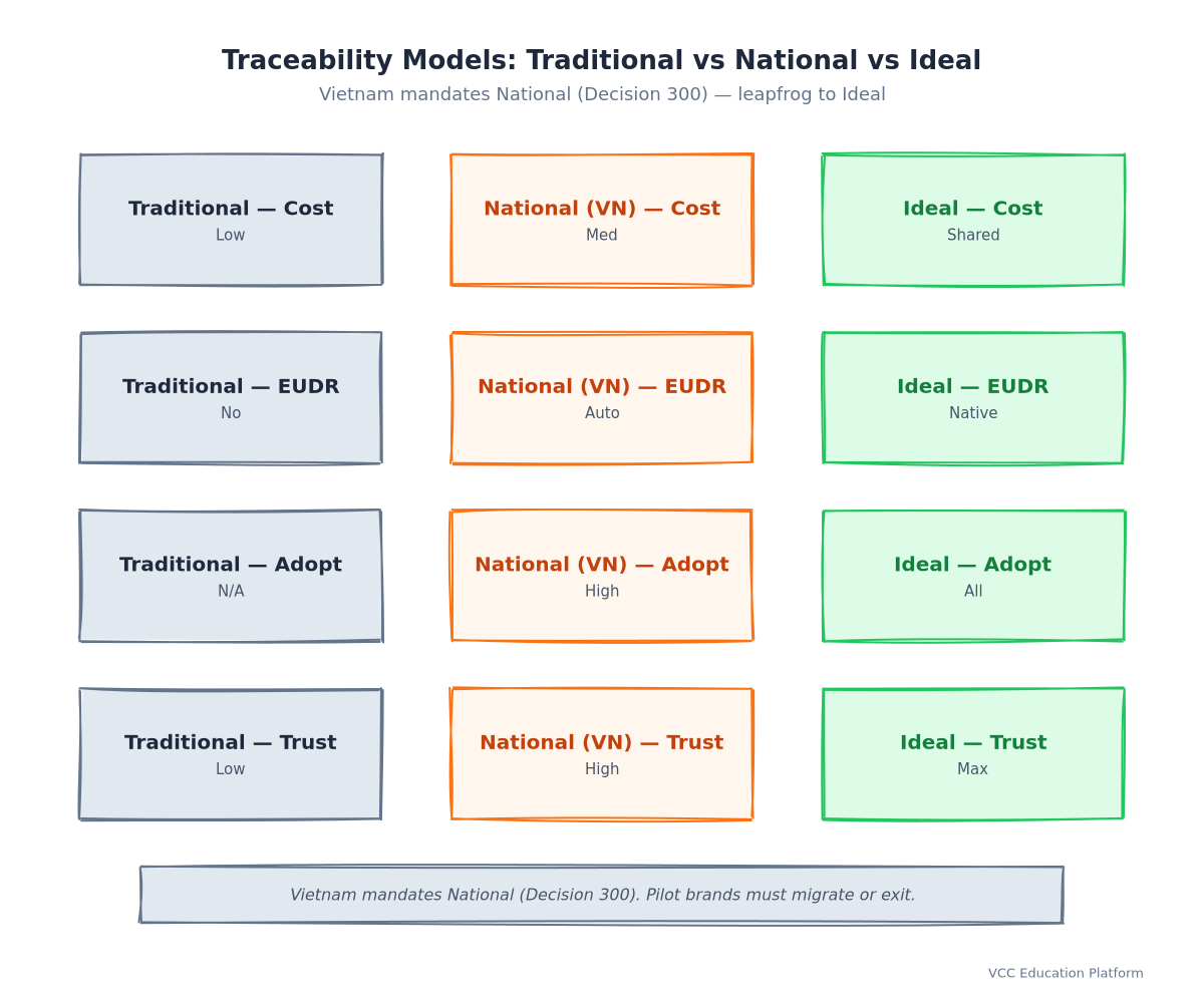 Comparison Table - Traditional traceability (paper) vs Digital (QR/blockchain) vs National Platform (VNPT/VNeID) across: cost, EUDR compliance, farmer adoption, consumer trust, scalability