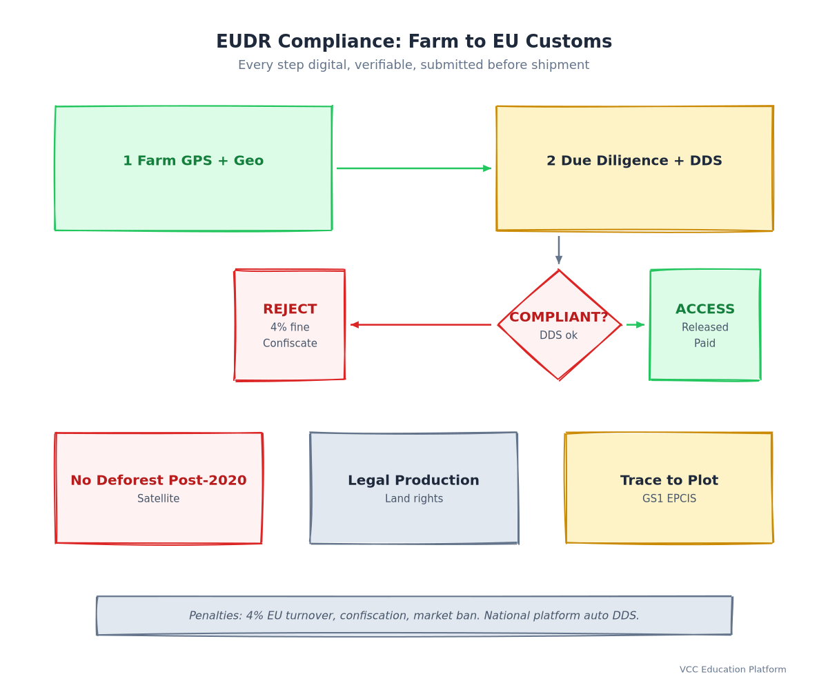 Process Flow - EUDR due diligence steps: geolocation → due diligence statement → customs → market access (with decision diamonds for pass/fail)