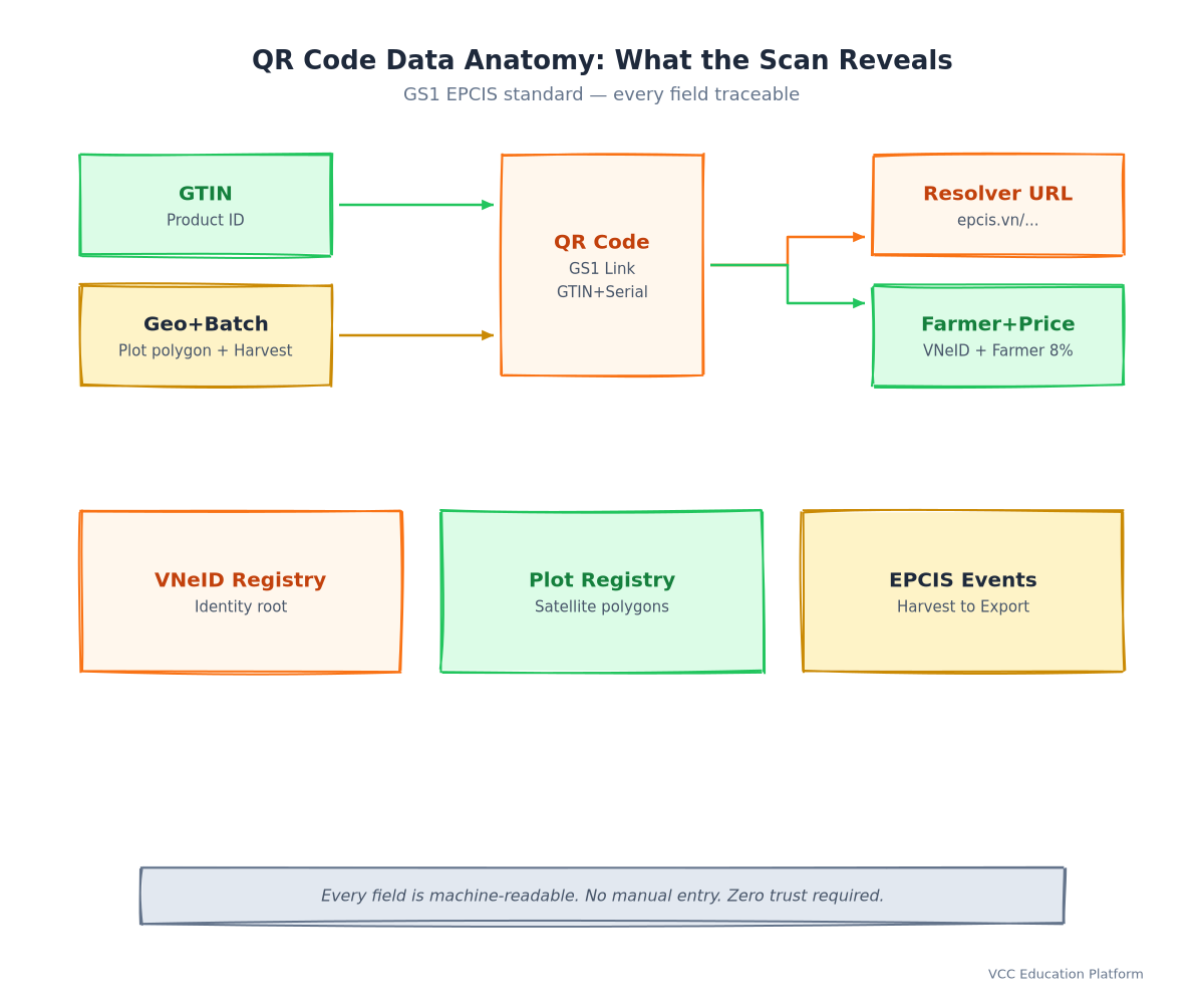 Anatomy - QR code data structure: GTIN, batch ID, geolocation hash, farmer ID, price pointer, traceability URL