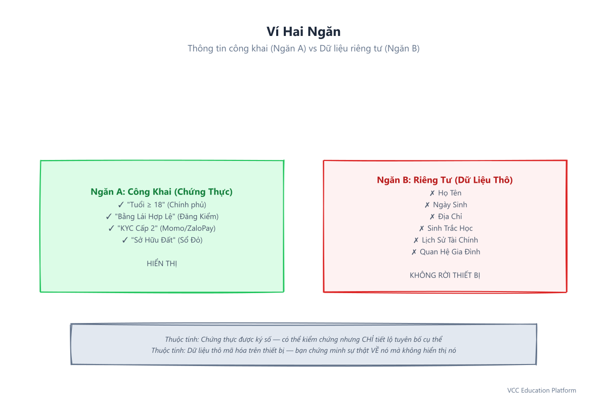 Khái niệm ví hai ngăn: Ngăn A (Công khai) chứa chứng thực như 