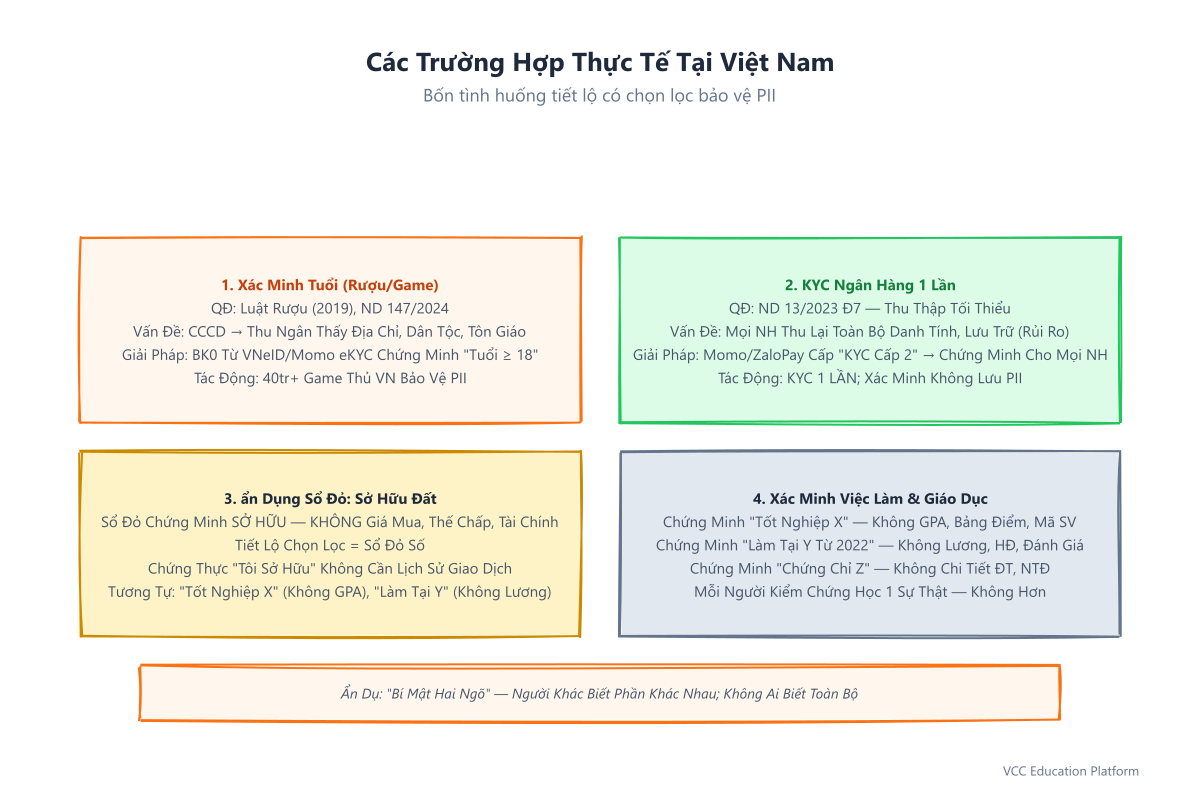 Trường hợp thực tế tại VN: 1) Xác minh tuổi rượu/game dùng BK0 từ VNeID/Momo eKYC (40tr+ người). 2) KYC ngân hàng 1 lần dùng 
