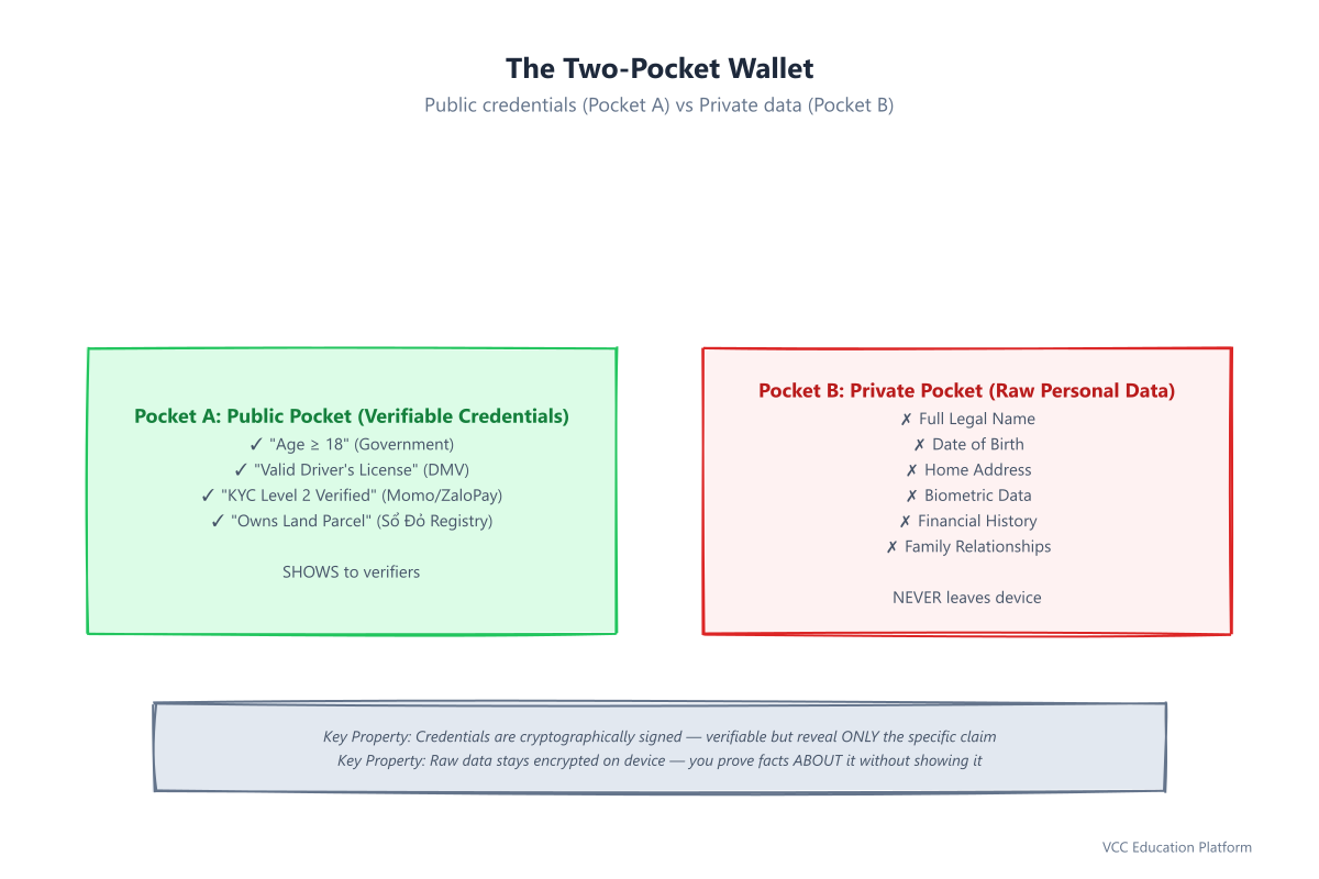 Two-pocket wallet concept: Pocket A (Public) holds verifiable credentials like 