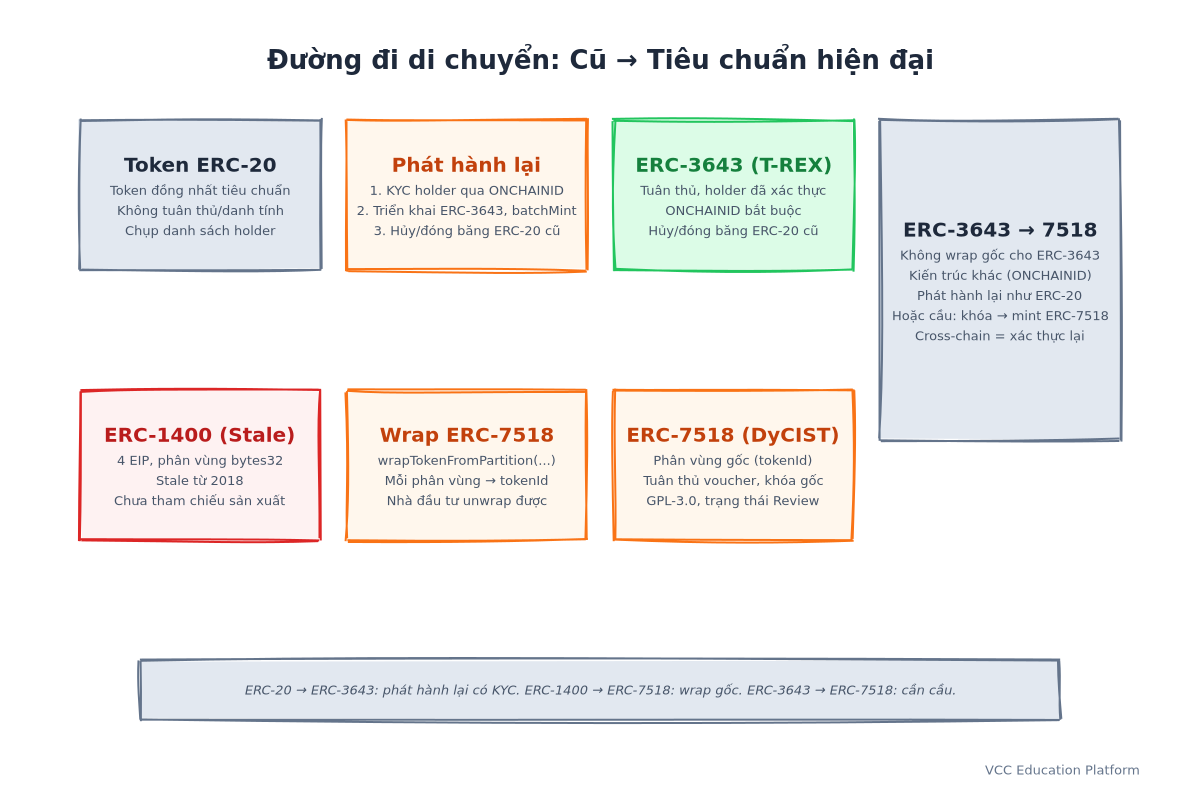 Sơ đồ - Đường di chuyển: Phân vùng ERC-1400 → wrapTokenFromPartition → Phân vùng ERC-7518 → unwrap tùy chọn