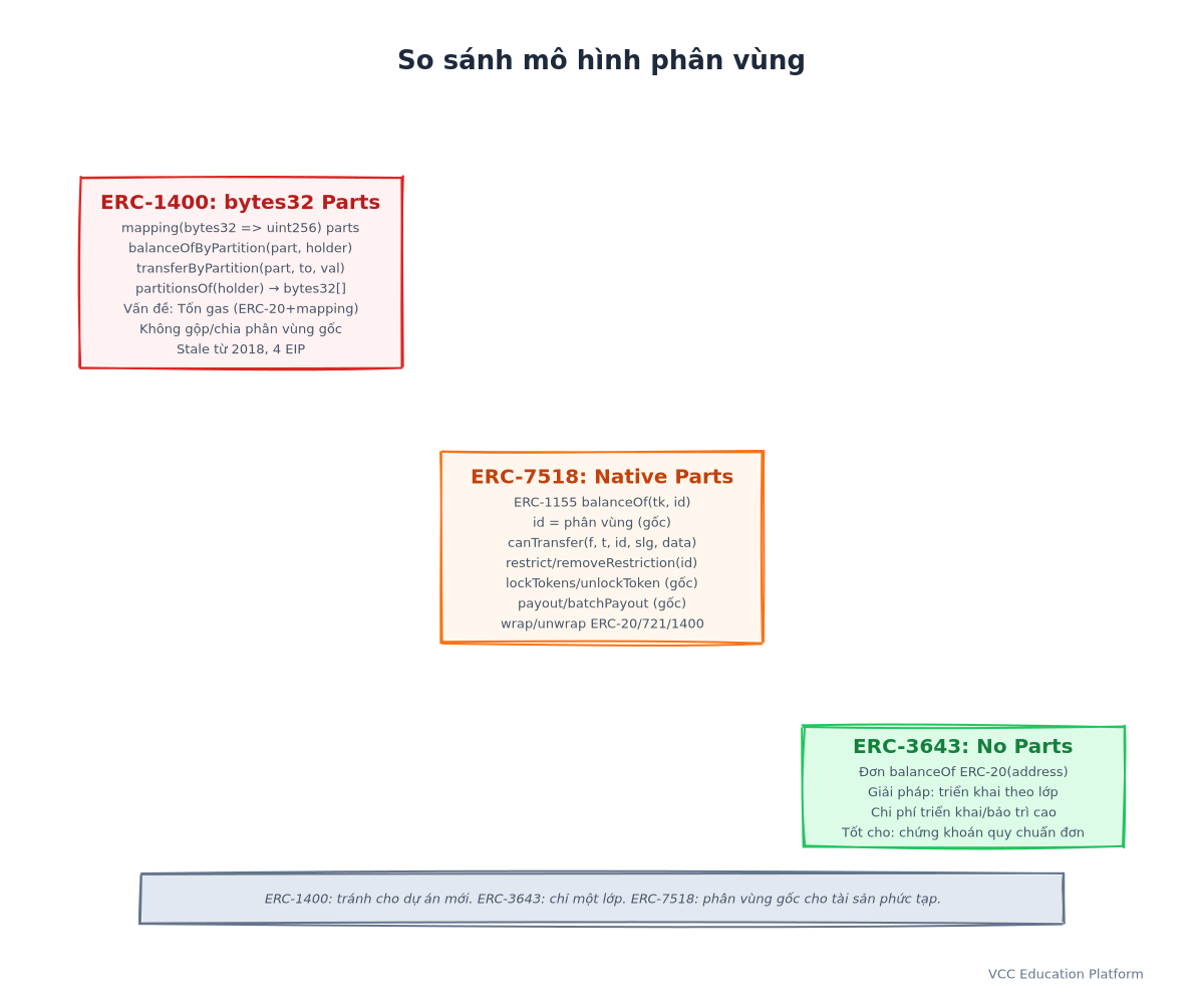 Sơ đồ - Mô hình phân vùng so sánh: ERC-1400 (bytes32 mapping trên ERC-20) vs ERC-7518 (tokenId gốc trên ERC-1155) vs ERC-3643 (không phân vùng)