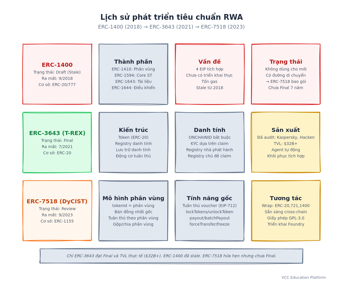 Sơ đồ - Lịch sử ba tiêu chuẩn: ERC-1400 (2018 Draft/Stale), ERC-3643 (2021 Final), ERC-7518 (2023 Review) với các mốc quan trọng