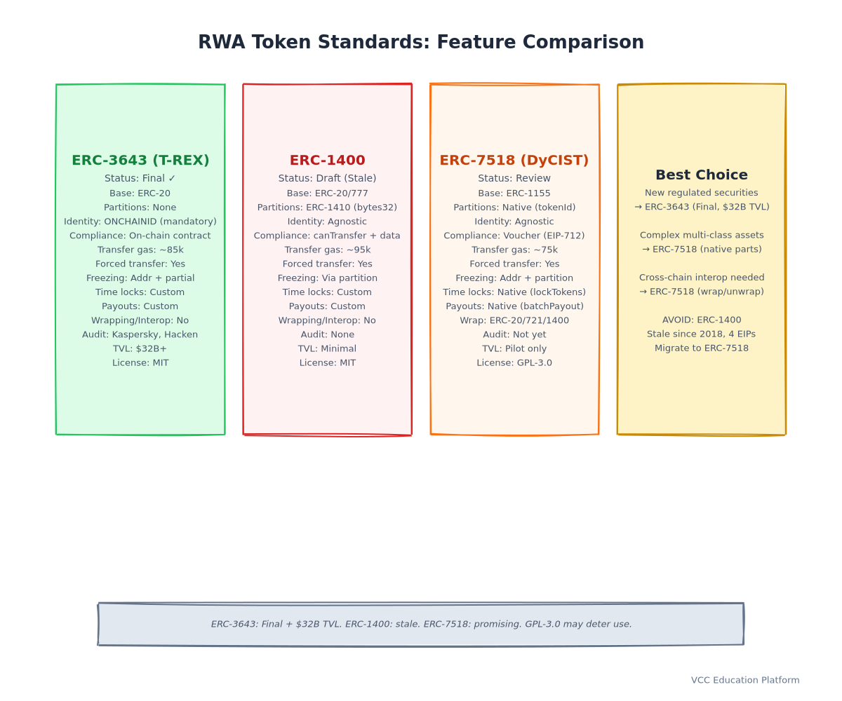 Comparison Table - Feature matrix across all three standards with checkmarks, gas estimates, status badges
