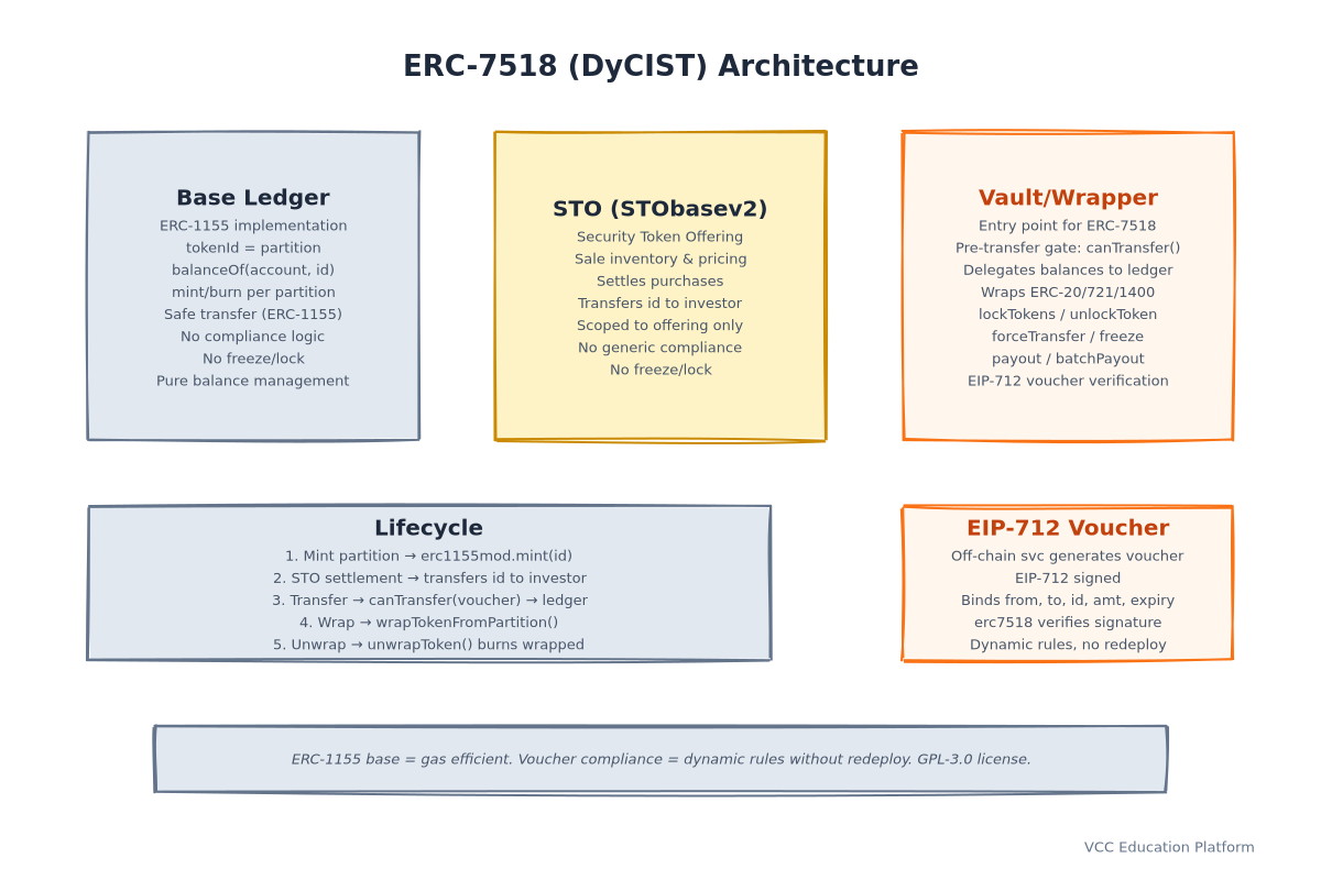 Diagram - ERC-7518 architecture: erc1155mod (base ledger) ← erc7518 (vault+wrapper+compliance) → STObasev2 (offering), with wrap/unwrap flows