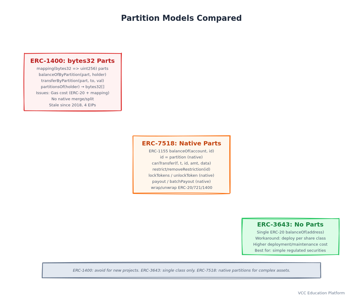 Diagram - Partition models compared: ERC-1400 (bytes32 mapping on ERC-20) vs ERC-7518 (native tokenId on ERC-1155) vs ERC-3643 (no partitions)