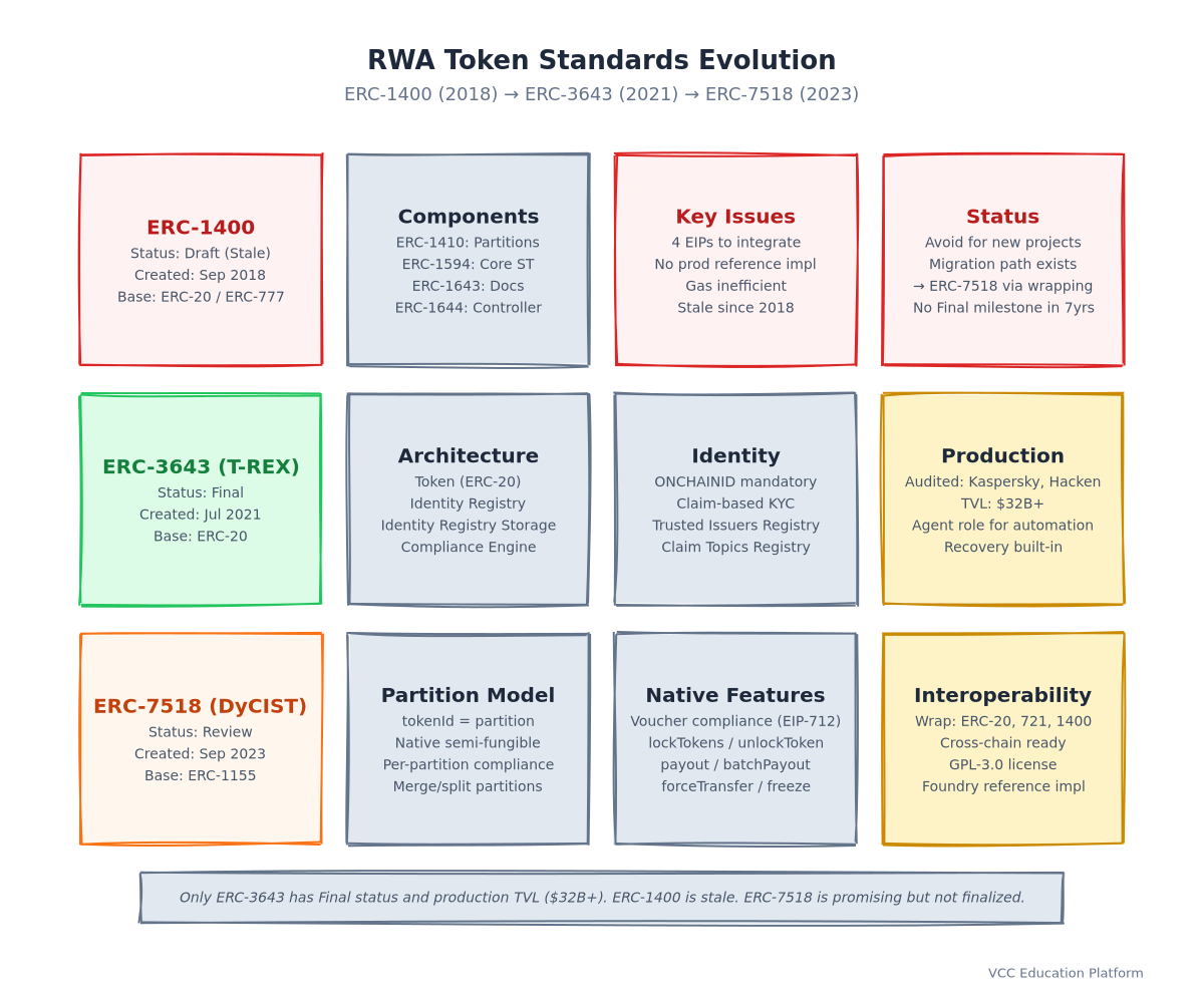 Diagram - Three standards timeline showing ERC-1400 (2018 Draft/Stale), ERC-3643 (2021 Final), ERC-7518 (2023 Review) with key milestones