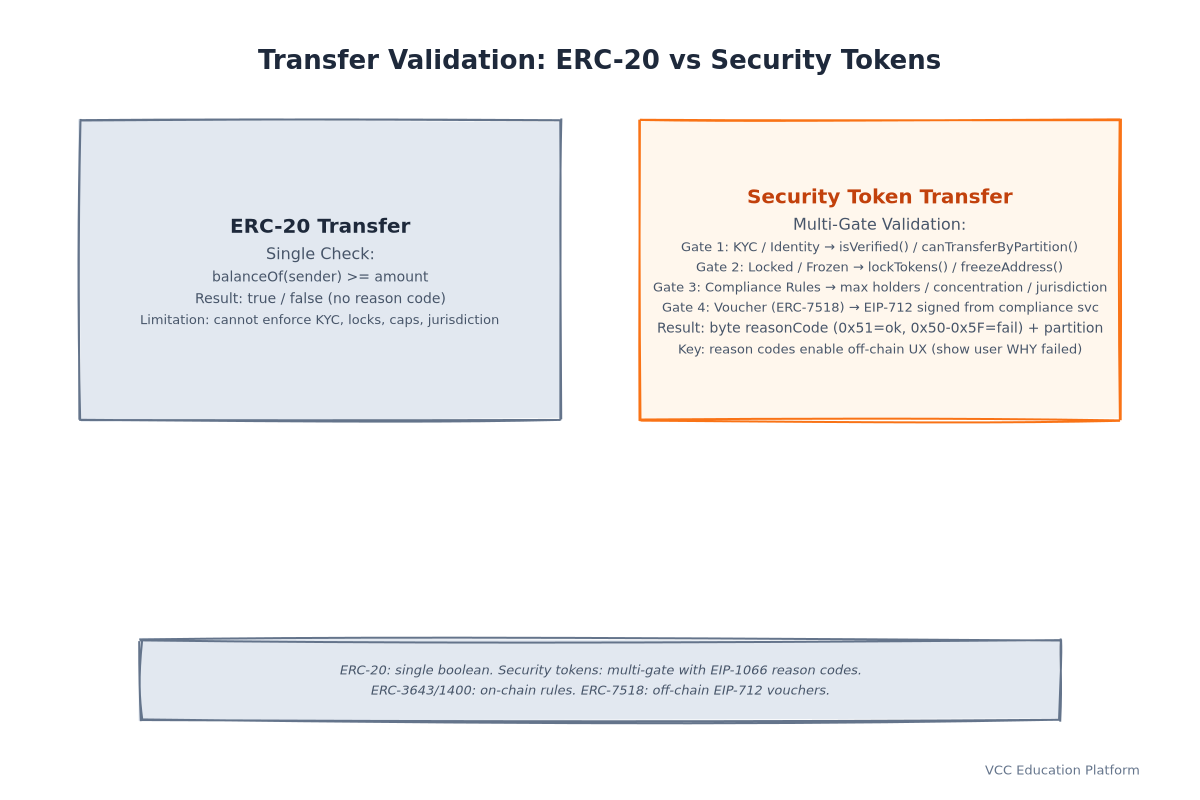 Flowchart - Transfer validation logic comparison: ERC-20 (balance check only) vs Security Token (KYC check + lockup check + concentration cap + regulatory freeze + partition rules + off-chain voucher verification)