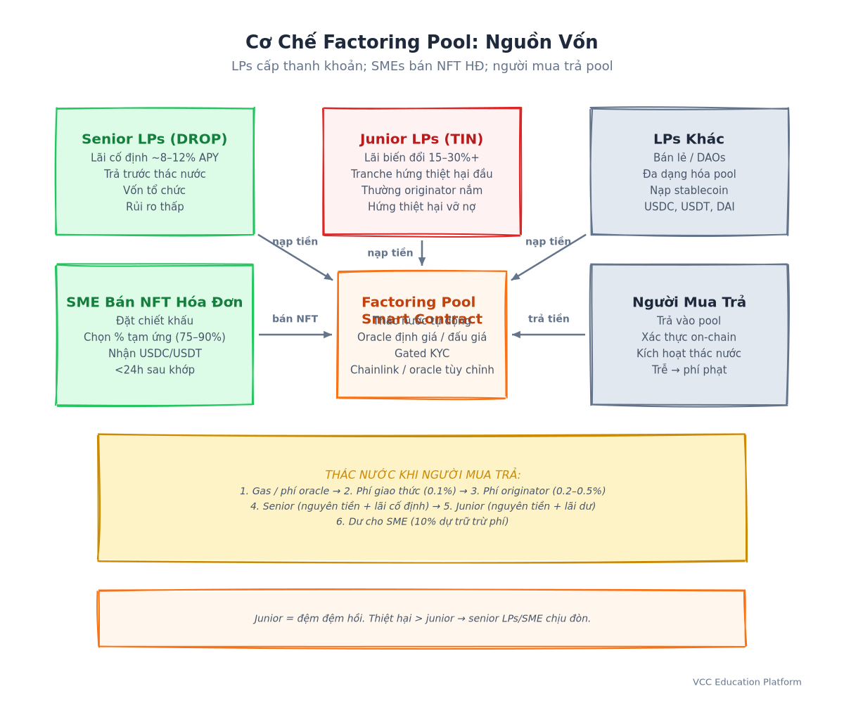 Cơ chế factoring pool: LP nạp USDC → pool thông minh → SME bán NFT hóa đơn → người mua trả tiền → thác nước thanh toán