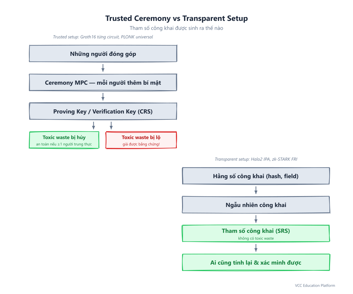 Sơ đồ trusted setup ceremony vs transparent setup derivation