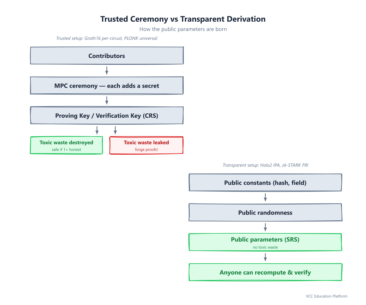Trusted setup ceremony vs transparent setup derivation flowchart