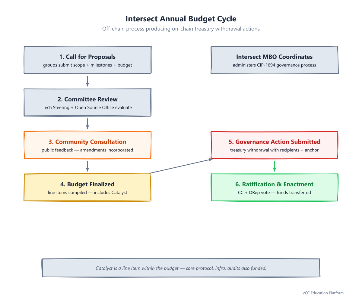 Circular Flow - Intersect Annual Budget Cycle: Call for Proposals → Review → Community Consultation → Budget Finalization → Governance Action → Ratification & Enactment