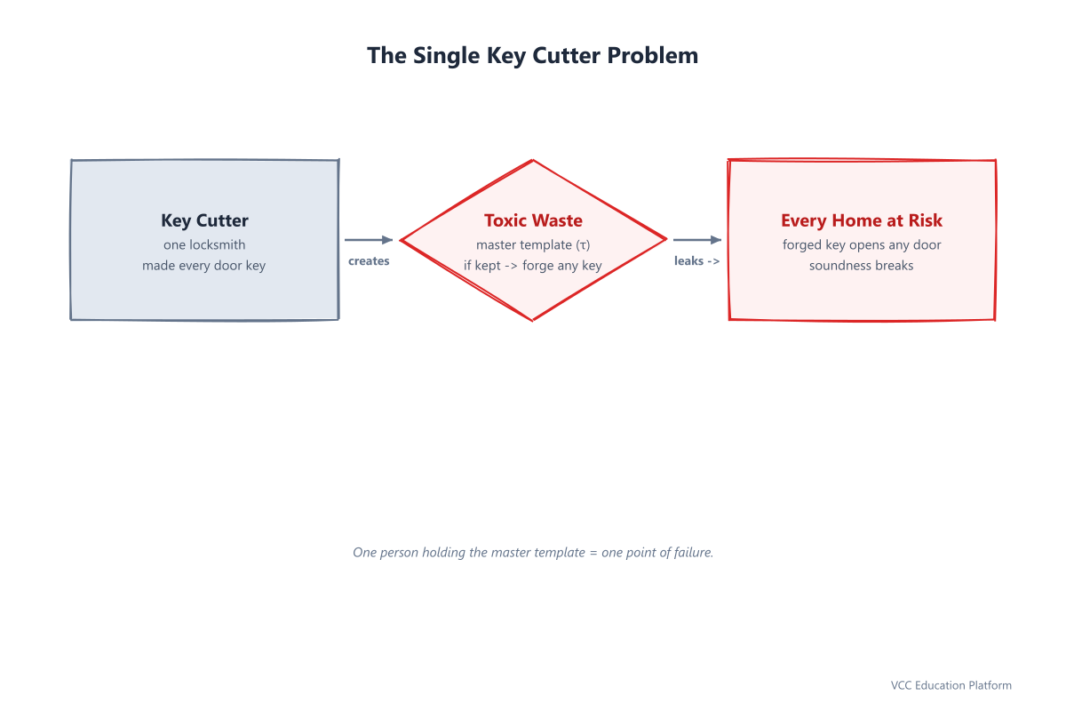 The single key cutter problem: one locksmith holds the master template (toxic waste), risking forged keys to any house