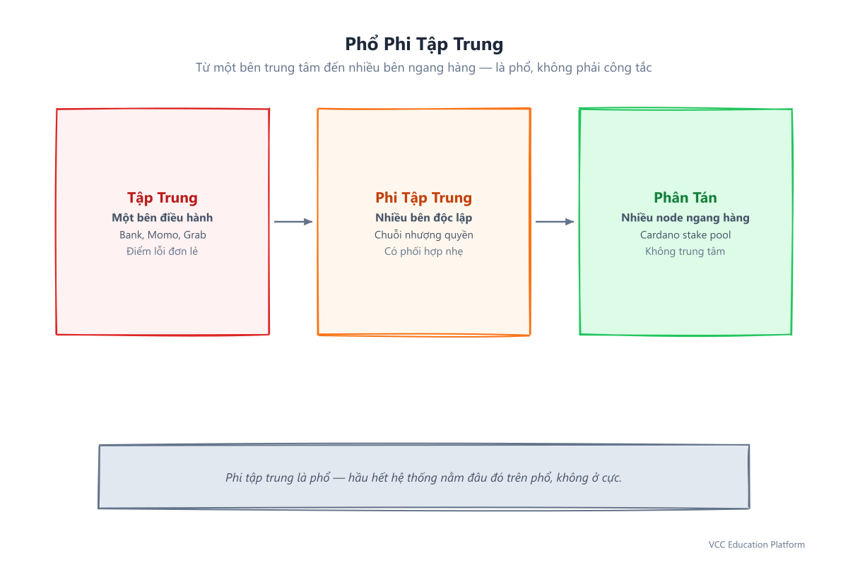 Phổ phi tập trung: Tập trung (một trung tâm, như bank), Phi tập trung (nhiều trung tâm vùng, như nhượng quyền), Phân tán (nhiều node ngang hàng, như Cardano stake pool)