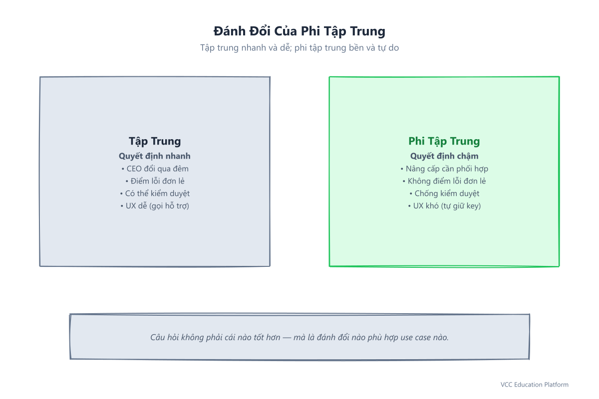 Đánh đổi phi tập trung: tập trung (nhanh, điểm lỗi đơn lẻ, kiểm duyệt được, UX dễ) vs phi tập trung (chậm, không điểm lỗi, chống kiểm duyệt, UX khó)