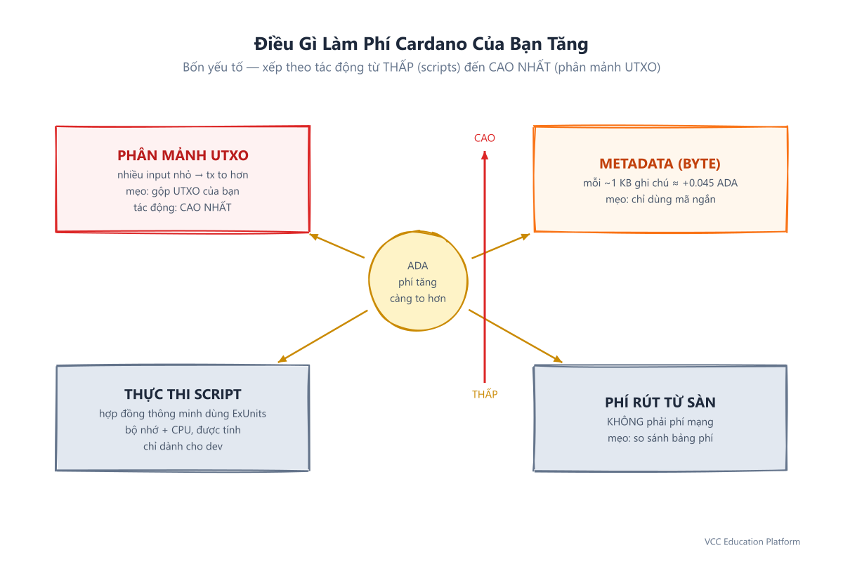 Điều gì khiến phí Cardano lớn hơn: phân mảnh UTXO (lớn nhất), metadata theo byte, thực thi hợp đồng thông minh và phí rút tiền từ sàn (không phải phí mạng)