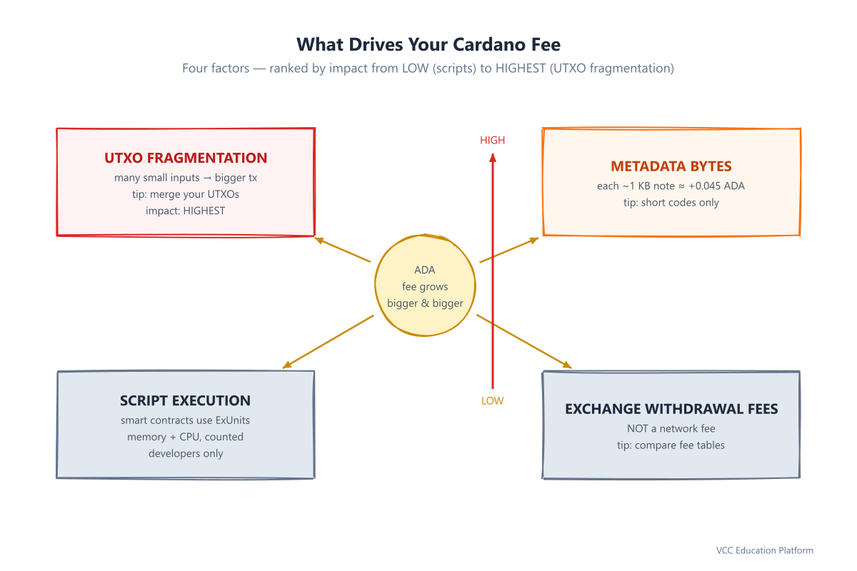 What drives a Cardano fee: UTXO fragmentation (largest), metadata bytes, smart-contract script execution, and exchange withdrawal fees (not network fees)