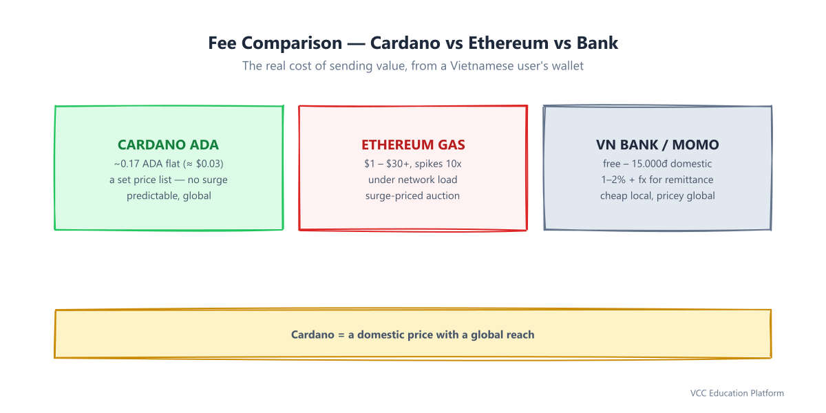Fee comparison: Cardano ~0.17 ADA flat and global, Ethereum gas $1-30+ with 10x spikes, Vietnamese bank/MoMo free-15,000 VND domestic but 1-2% plus FX for remittance