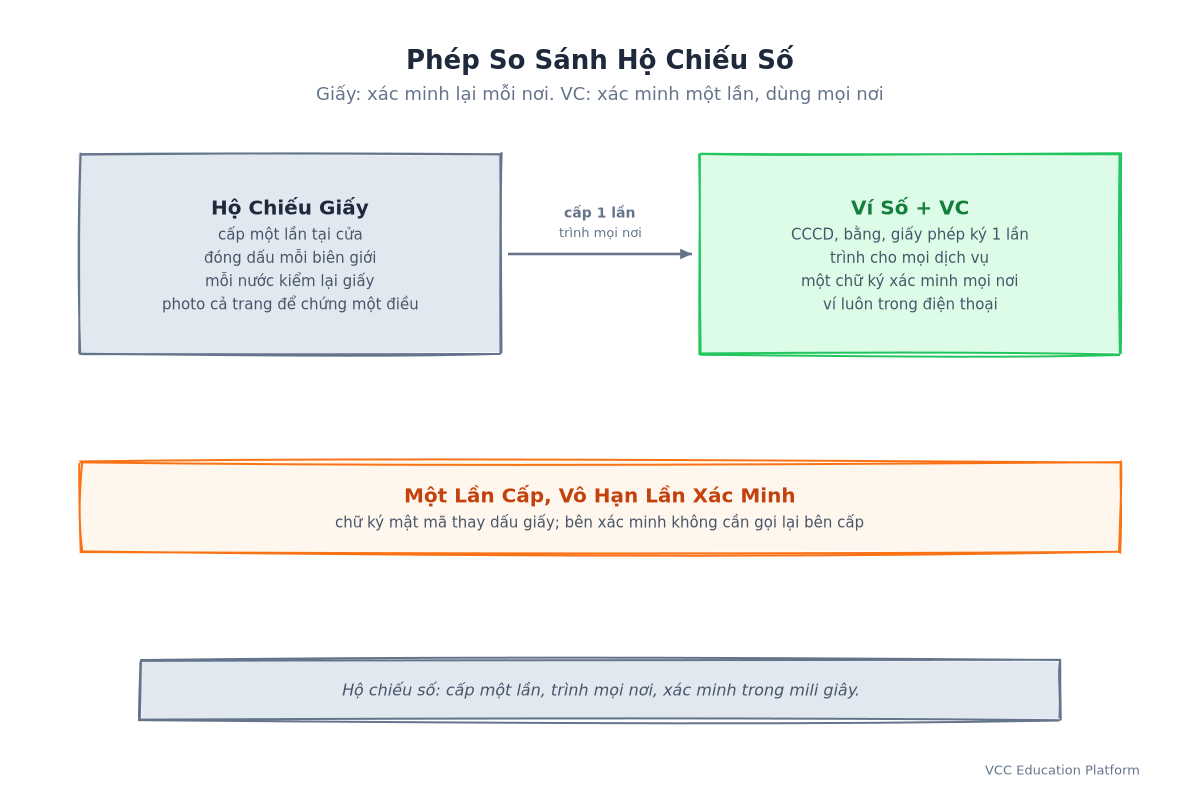 Phép so sánh hộ chiếu số: hộ chiếu giấy bị xác minh lại ở mọi biên giới so với ví chứa chứng chỉ có thể xác minh