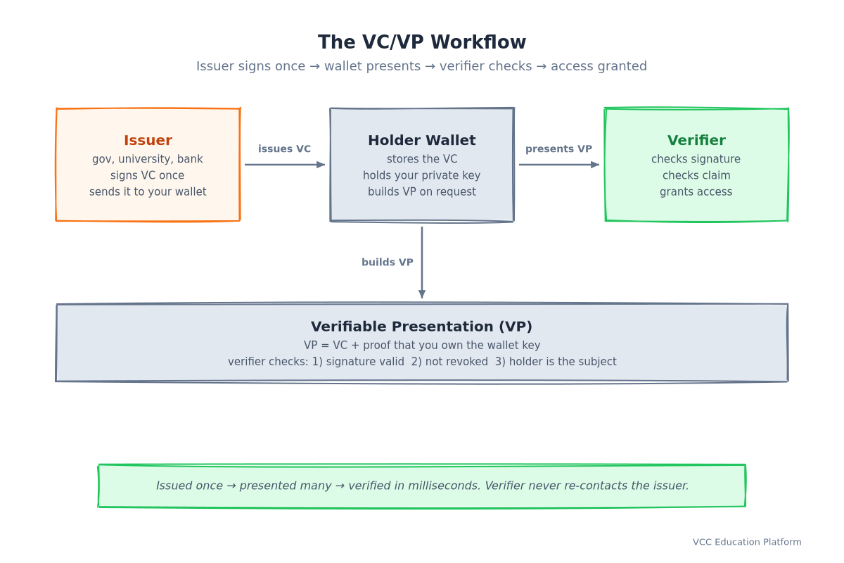 VC/VP workflow: Issuer signs once → wallet presents VP → verifier checks signature, revocation, holder binding