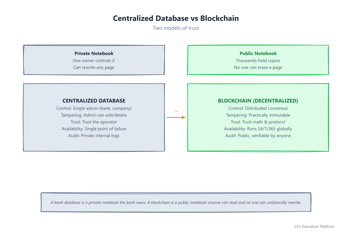Centralized database vs blockchain: single admin control vs distributed consensus, editable vs immutable, trust operator vs trust protocol