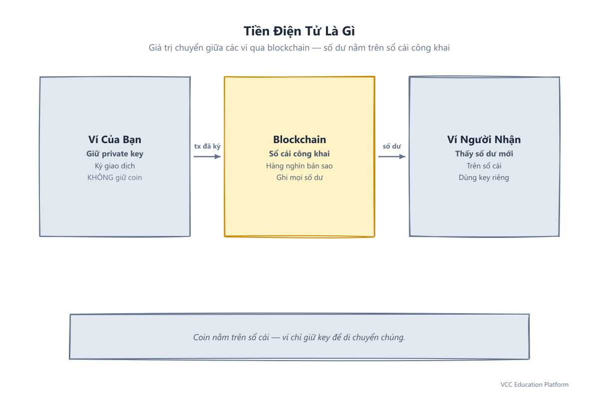Ví giữ private key gửi giá trị đã ký qua blockchain đến ví người nhận, số dư ghi trên sổ cái công khai