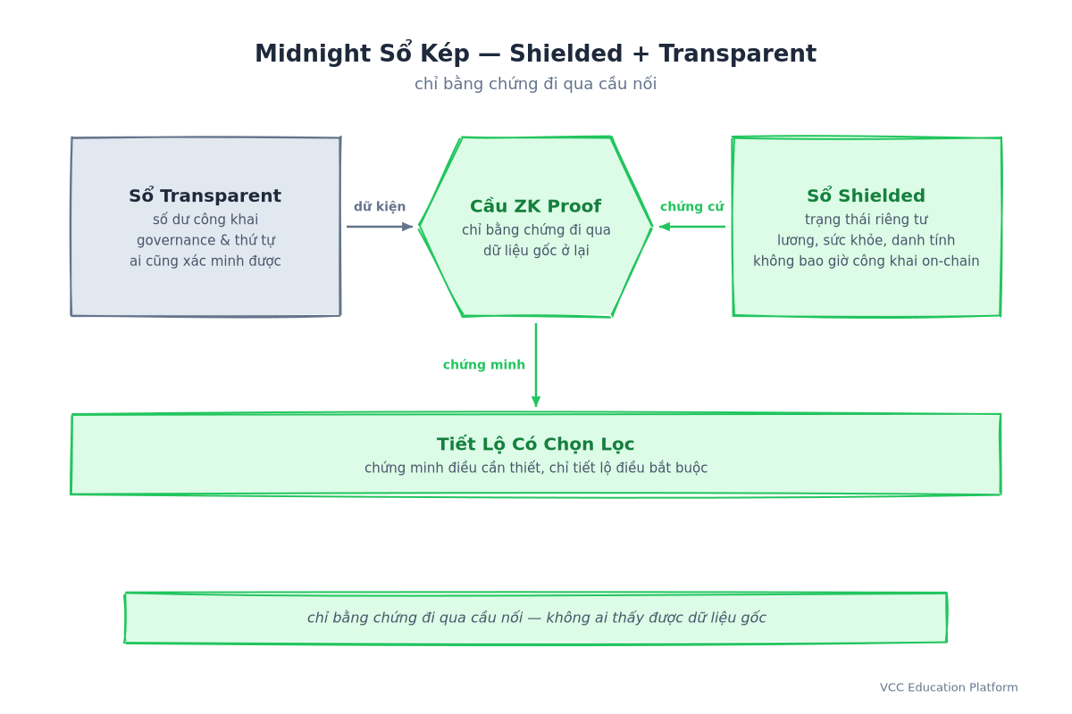 Khái niệm sổ cái kép Midnight: sổ transparent nắm số dư công khai, governance và thứ tự sự kiện ai cũng xác minh được; sổ shielded nắm trạng thái riêng tư như lương, sức khỏe, danh tính; cầu ZK proof mang dữ kiện từ phía transparent và chứng cứ từ phía shielded để chỉ bằng chứng đi qua cầu nối vào tiết lộ có chọn lọc