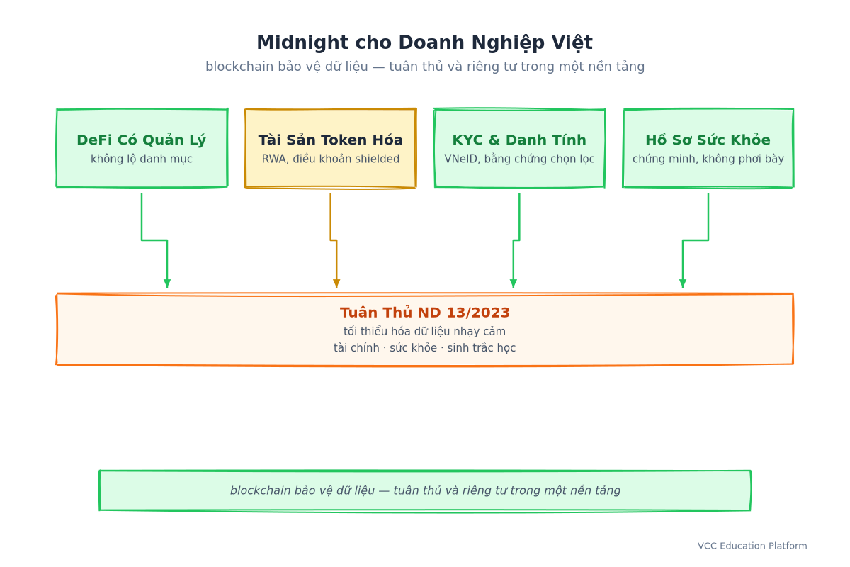 Các trường hợp dùng Midnight cho doanh nghiệp Việt: DeFi có quản lý không lộ danh mục, tài sản token hóa với điều khoản shielded, KYC và danh tính với bằng chứng chọn lọc VNeID, hồ sơ sức khỏe chứng minh mà không phơi bày, tất cả đổ vào tuân thủ ND 13/2023 với tối thiểu hóa dữ liệu nhạy cảm