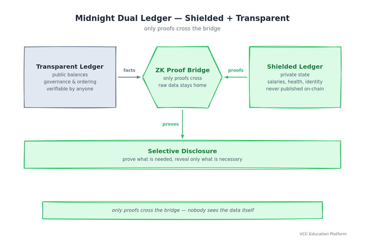 Midnight dual ledger concept: the transparent ledger holds public balances, governance and ordering verifiable by anyone, the shielded ledger holds private state like salaries, health and identity, and a ZK proof bridge carries facts from the transparent side and proofs from the shielded side so only proofs cross into selective disclosure