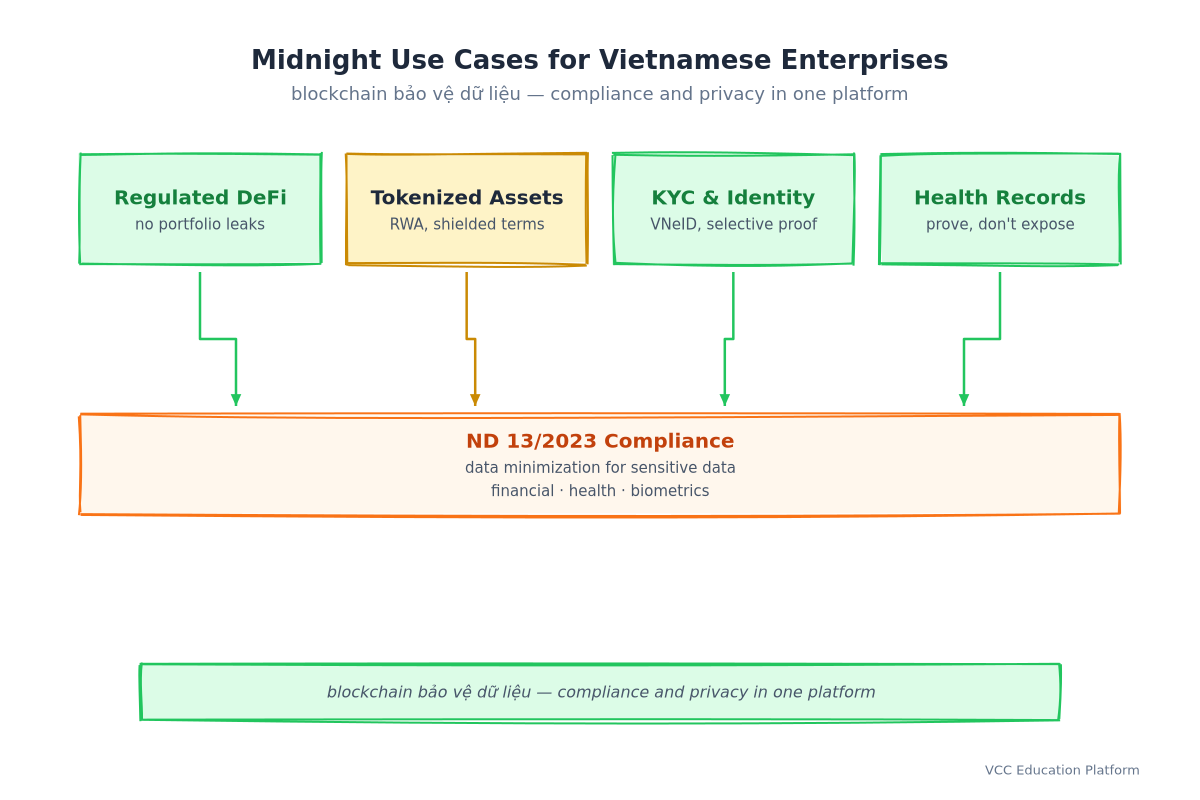 Midnight use cases for Vietnamese enterprises: regulated DeFi with no portfolio leaks, tokenized assets with shielded terms, KYC and identity with VNeID selective proof, and health records that prove without exposing, all feeding ND 13/2023 compliance with data minimization for sensitive data
