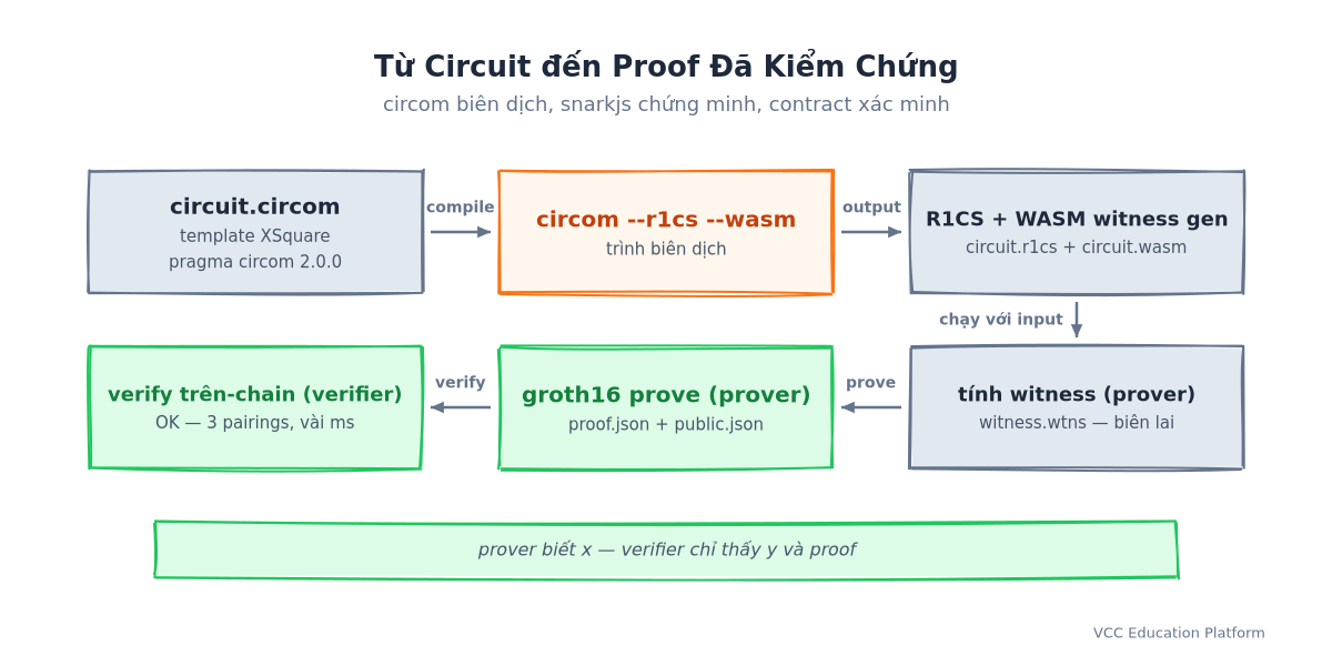 Pipeline từ circuit đến proof đã kiểm chứng: circuit.circom → circom --r1cs --wasm → R1CS + WASM → tính witness → groth16 prove → verify on-chain