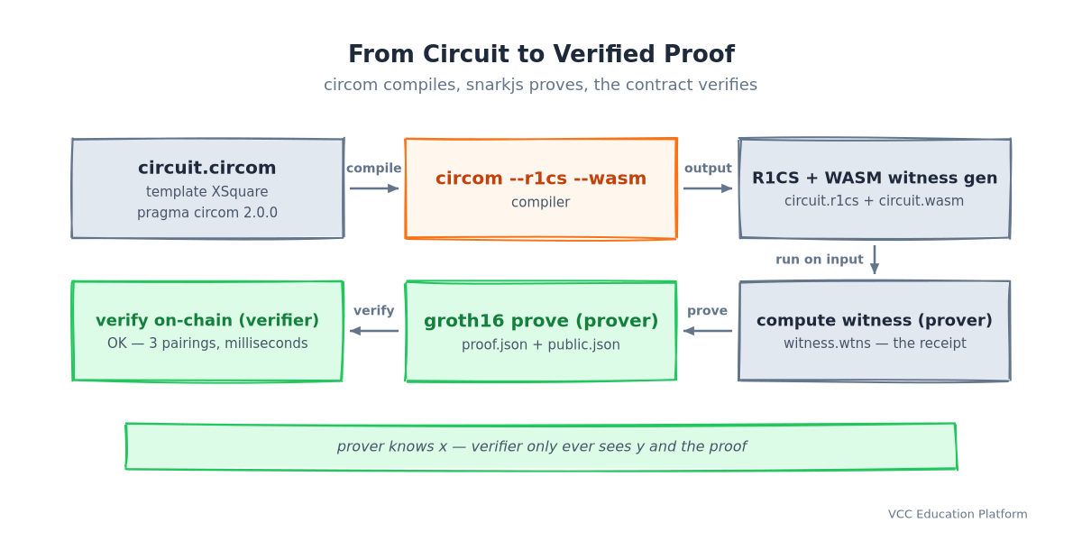 Pipeline from circuit to verified proof: circuit.circom → circom --r1cs --wasm → R1CS + WASM → compute witness → groth16 prove → verify on-chain