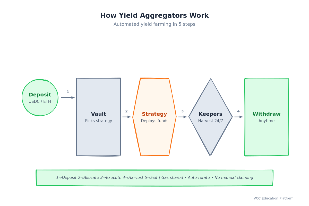 Flowchart - How yield aggregators work (deposit → strategy → auto-compound → withdraw)