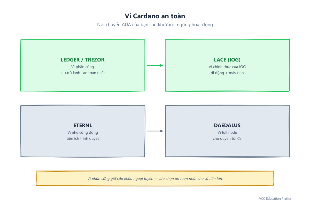 So sánh ví Cardano an toàn: ví cứng Ledger/Trezor (lưu trữ lạnh, khóa không bao giờ rời khỏi thiết bị), Lace (IOG, mặc định được khuyến nghị), Eternl (người dùng chuyên sâu), Daedalus (node đầy đủ, quyền tự chủ tối đa)