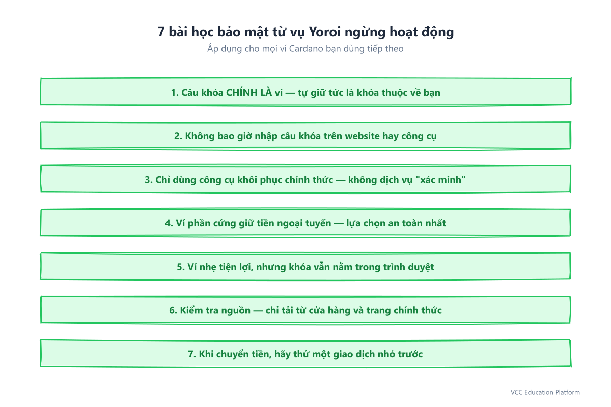 Bảy bài học bảo mật từ sự cố Yoroi: ưu tiên ví cứng cho số tiền lớn, tìm hiểu ai xây dựng ví và cách xử lý khóa, tự quản nghĩa là cụm từ khởi tạo là tất cả, không bao giờ nhập cụm từ khởi tạo trên bất kỳ trang web nào, chỉ dùng công cụ phục hồi chính thức, không ký các yêu cầu 