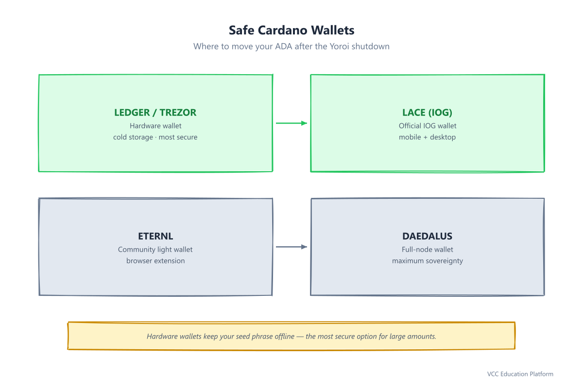 Safe Cardano wallet alternatives: Ledger and Trezor hardware wallets for cold storage where keys never leave the device, Lace by IOG as the recommended default, Eternl for power users, and Daedalus as the full node for maximum sovereignty