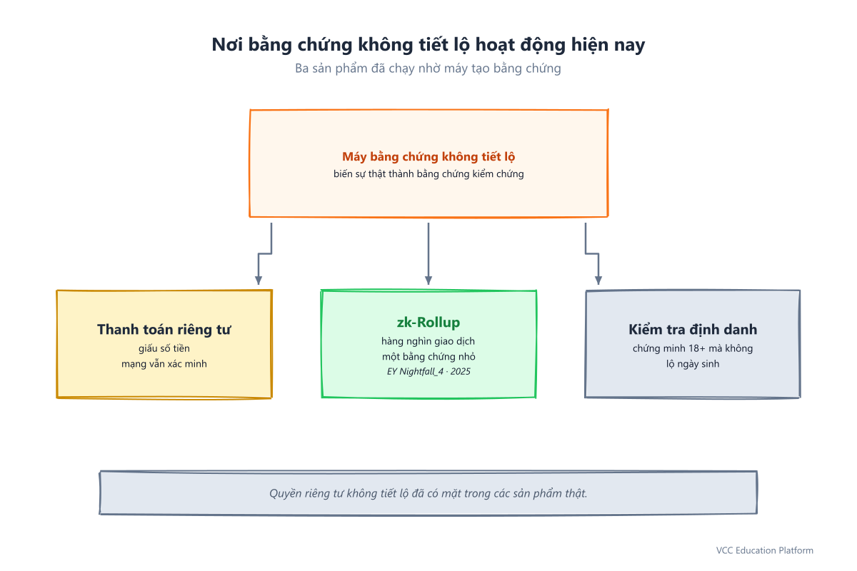 Ứng dụng ZKP: thanh toán riêng tư, zk-rollups mở rộng quy mô, và xác minh định danh — tất cả chạy trên một cỗ máy ZKP (EY Nightfall_4, 2025)