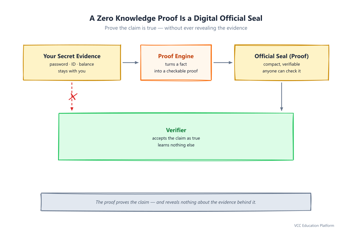 Zero knowledge proof overview: hidden evidence feeds a proof engine that produces an official seal the verifier accepts, without ever seeing the document contents