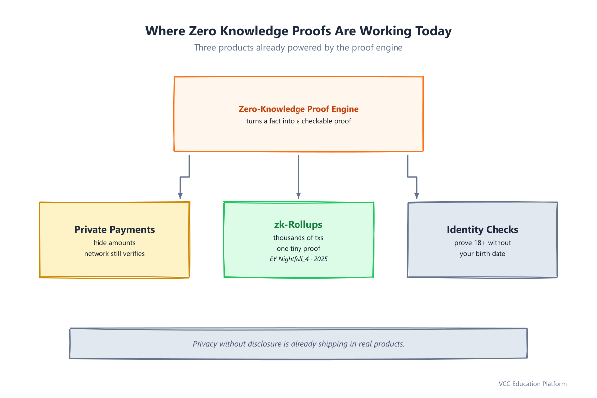 ZKP use cases: private payments, zk-rollups scaling, and identity verification, all powered by one ZKP engine (EY Nightfall_4, 2025)